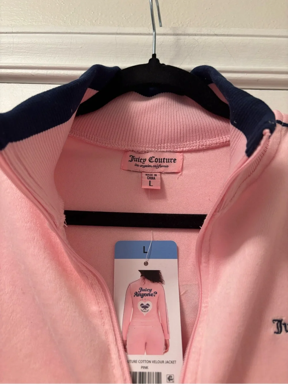 Pickleball Lovers Juicy Couture Pink Velour Zip Jacket with Navy Trim Size Large